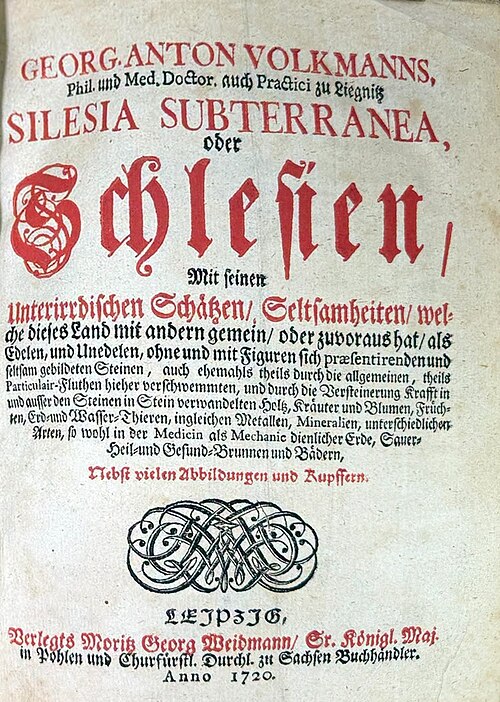 Strona tytułowa dzieła Silesia Subterranea Georga Antona Volkmanna z 1720 roku